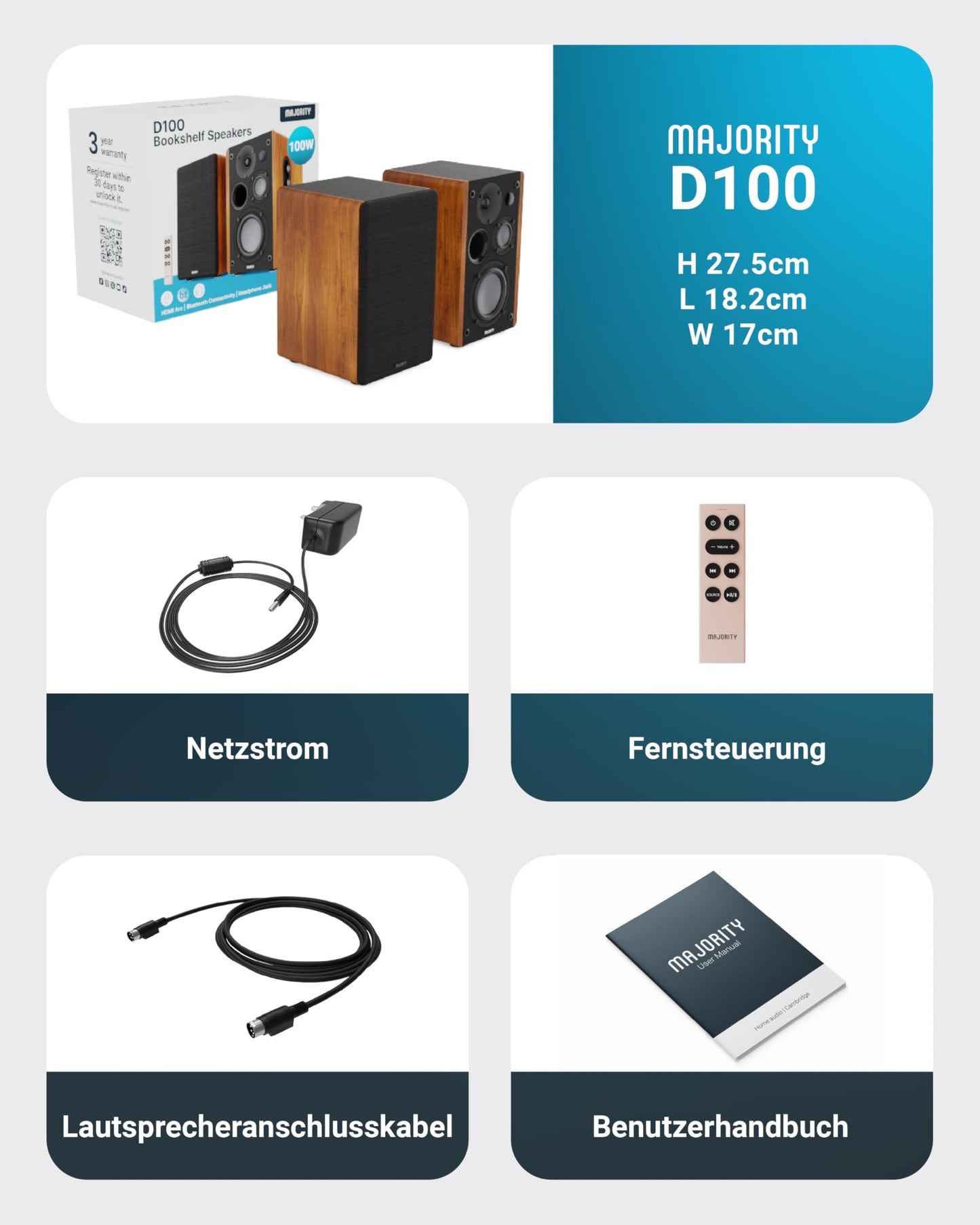 MAJORITY D100 Bluetooth Lautsprecher Boxen für Stereoanlage | 100W Regallautsprecher | Xtra BASS Aktivlautsprecher | HDMI ARC Speaker | Premium-Holz Regal-Lautsprecher | Studio HiFi Lautsprecher