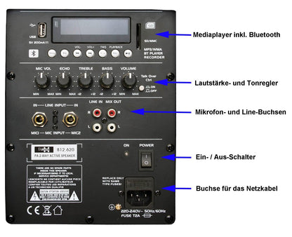 E-Lektron aktives PA Lautsprecher-System Soundanlage mit Media-Player, Bluetooth, integrierte Class-D Endstufe JAD30-B 400W