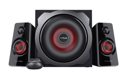 Trust Gaming GXT 38 2.1 Gaming Lautsprechersystem mit Subwoofer (für Smartphone/PC- Tablet, 120 Watt), 19023, Schwarz/Rot