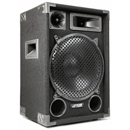 MAX12 DJ Komplettset PA Anlage - 1400 W, 2X 12″ Lautsprecher inkl. Verstärker, Mischpult & Mikrofon, MP3 USB/SD Player, AUX & Phono-Eingänge – Mobile Musikanlage für Party, Events & Karaoke Anlage