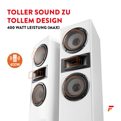 Fenton SHF700W - HiFi Lautsprecher Stereo Set für Ihre Heimkino HiFi Anlage, 400 Watt Standlautsprecher Paar, Passive Lautsprecher Boxen für TV, Stereo- und Surround-Sound-Systeme - Weiß