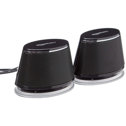 Amazon Basics - PC-Lautsprecher mit dynamischem Sound, USB-Betrieb, Schwarz, 1 Paar & Gaming-Mauspad