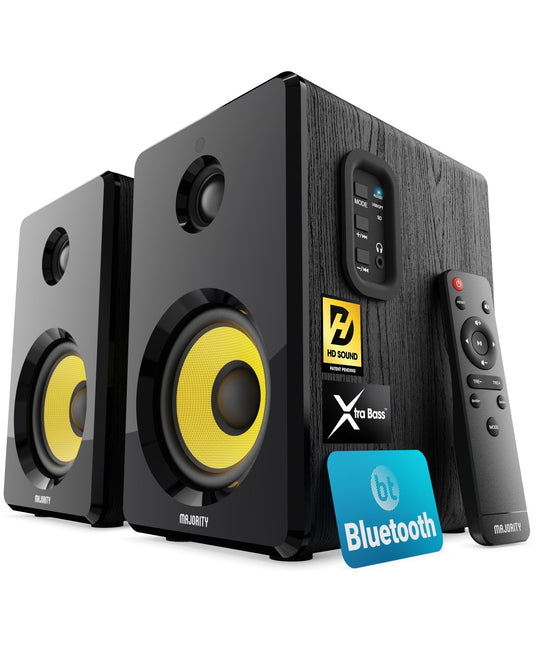 MAJORITY D40X Aktiv Regallautsprecher | 70W 2.0 Gelber Kevlar-Kegel Monitor Lautsprecher | Studio Monitor mit Bluetooth | Bookshelf HiFi Speakers mit Optische, RCA, USB AUX & Inklusive Fernbedienung
