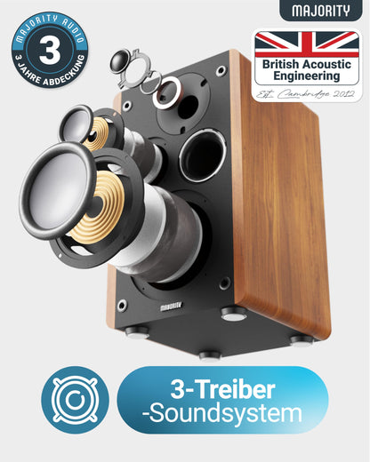 MAJORITY D100 Bluetooth Lautsprecher Boxen für Stereoanlage | 100W Regallautsprecher | Xtra BASS Aktivlautsprecher | HDMI ARC Speaker | Premium-Holz Regal-Lautsprecher | Studio HiFi Lautsprecher